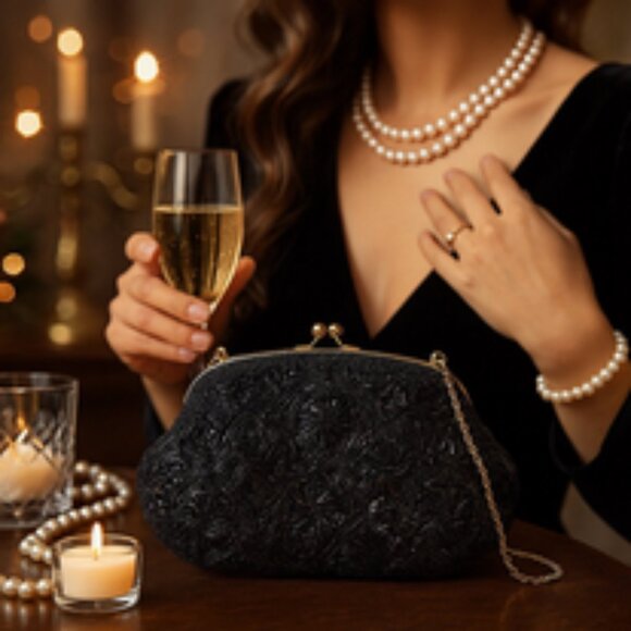 Vintage Nordstrom Hand-Beaded Evening Clutch – Black Satin & Gold Details - Picture 1 of 15